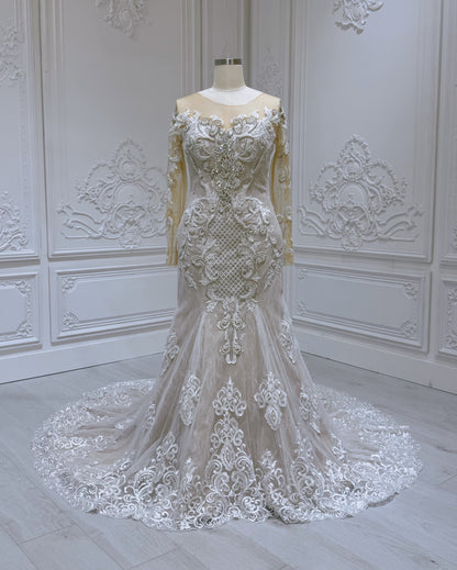 Stock Clearance! Bridal size 14! Ivory beading lace embroidered long sleeve champagne mermaid wedding dress