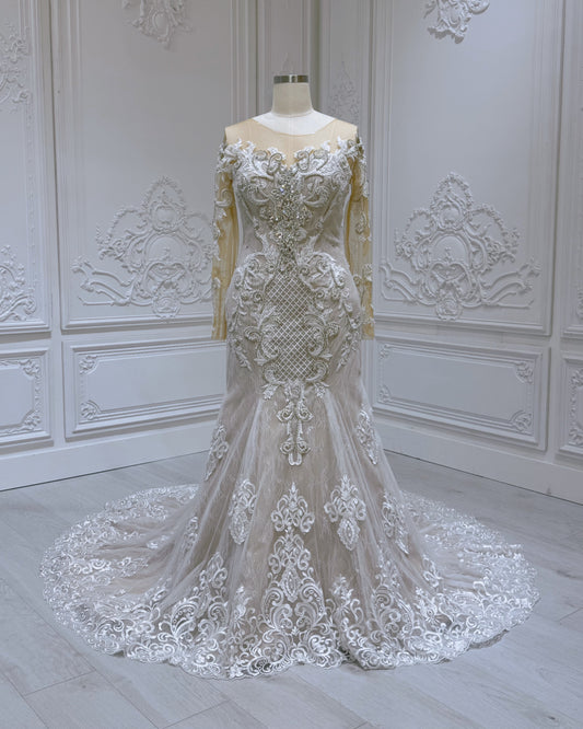 Stock Clearance! Bridal size 14! Custom-made beading lace embroidered long sleeve champagne mermaid wedding dress