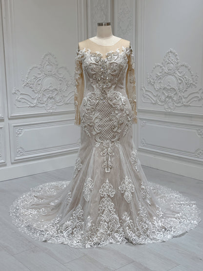 Stock Clearance! Bridal size 14! Ivory beading lace embroidered long sleeve champagne mermaid wedding dress