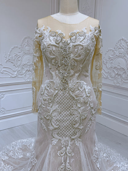 Stock Clearance! Bridal size 14! Ivory beading lace embroidered long sleeve champagne mermaid wedding dress