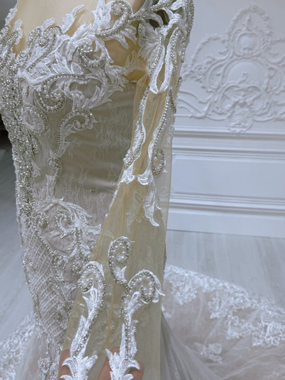 Stock Clearance! Bridal size 14! Ivory beading lace embroidered long sleeve champagne mermaid wedding dress