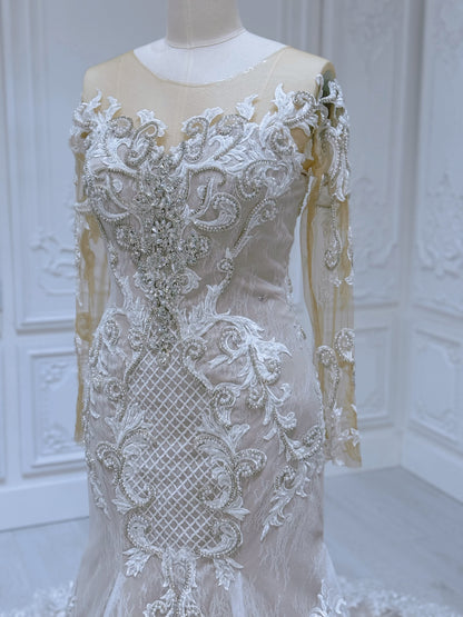 Stock Clearance! Bridal size 14! Ivory beading lace embroidered long sleeve champagne mermaid wedding dress