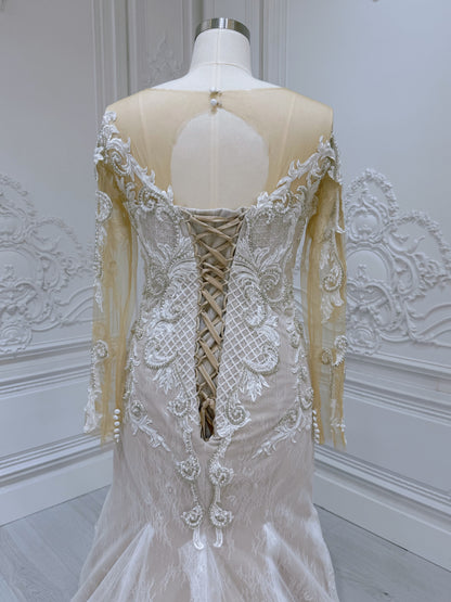 Stock Clearance! Bridal size 14! Ivory beading lace embroidered long sleeve champagne mermaid wedding dress