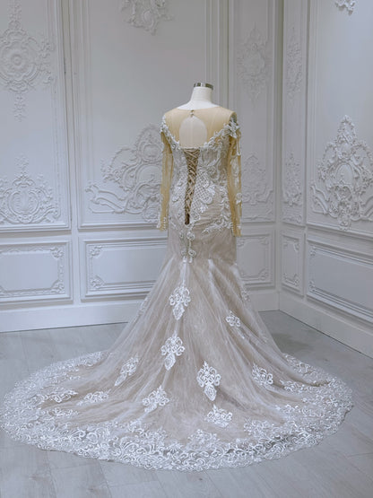 Stock Clearance! Bridal size 14! Ivory beading lace embroidered long sleeve champagne mermaid wedding dress