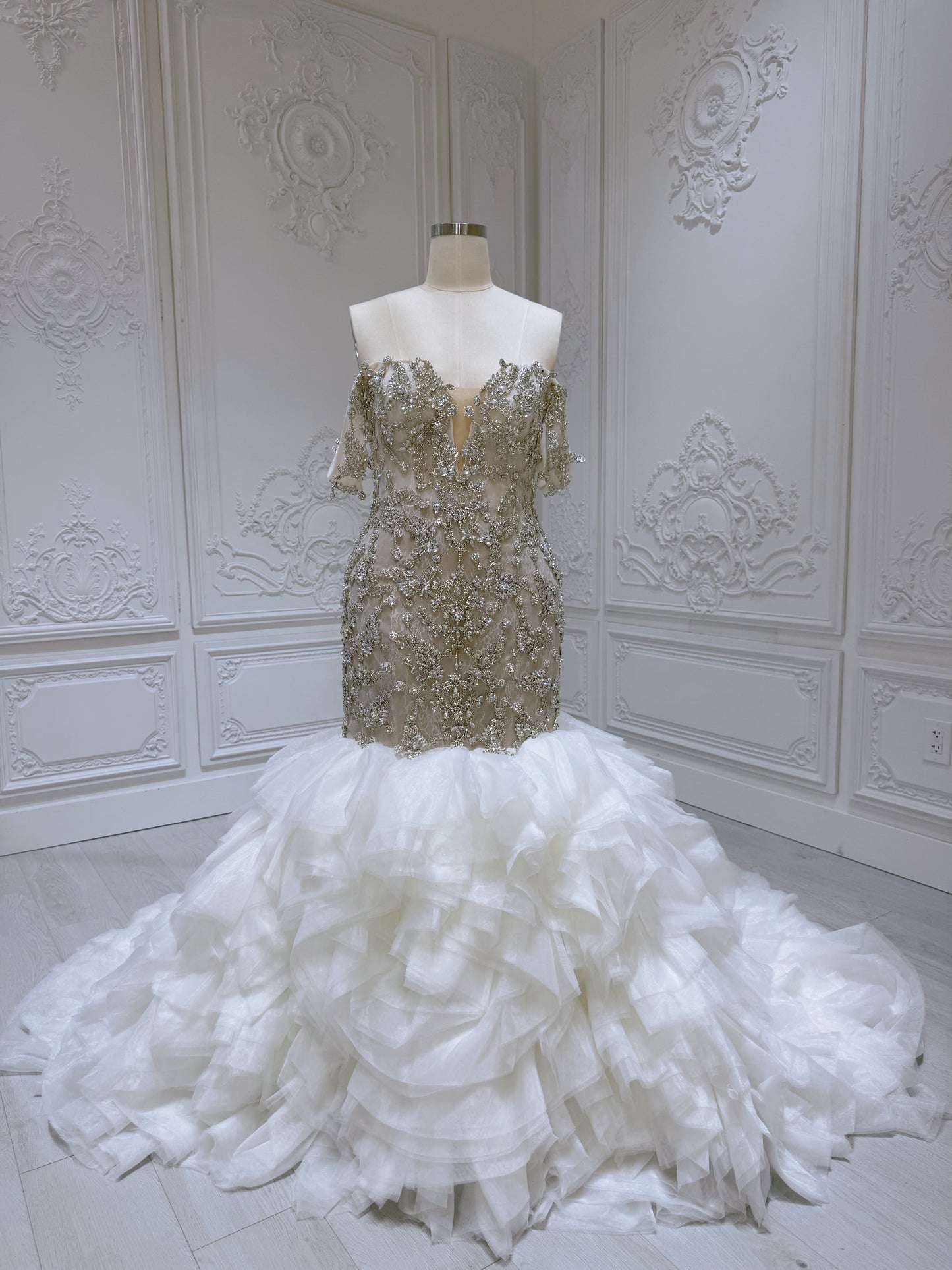 Stock clearance! Bridal size 14! Luxury crystal beaded champagne mermaid wedding dress with ruffled skirt