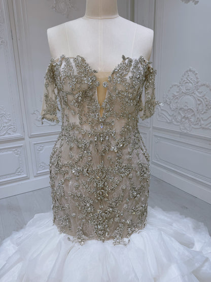 TBC-M008 Stock clearance! Luxury crystal beaded champagne mermaid wedding dress with ruffled skirt