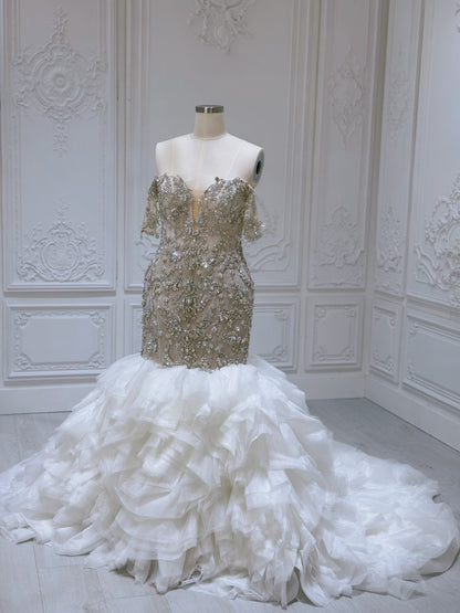 TBC-M008 Stock clearance! Luxury crystal beaded champagne mermaid wedding dress with ruffled skirt