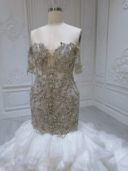 TBC-M008 Stock clearance! Luxury crystal beaded champagne mermaid wedding dress with ruffled skirt