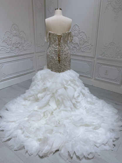 TBC-M008 Stock clearance! Luxury crystal beaded champagne mermaid wedding dress with ruffled skirt