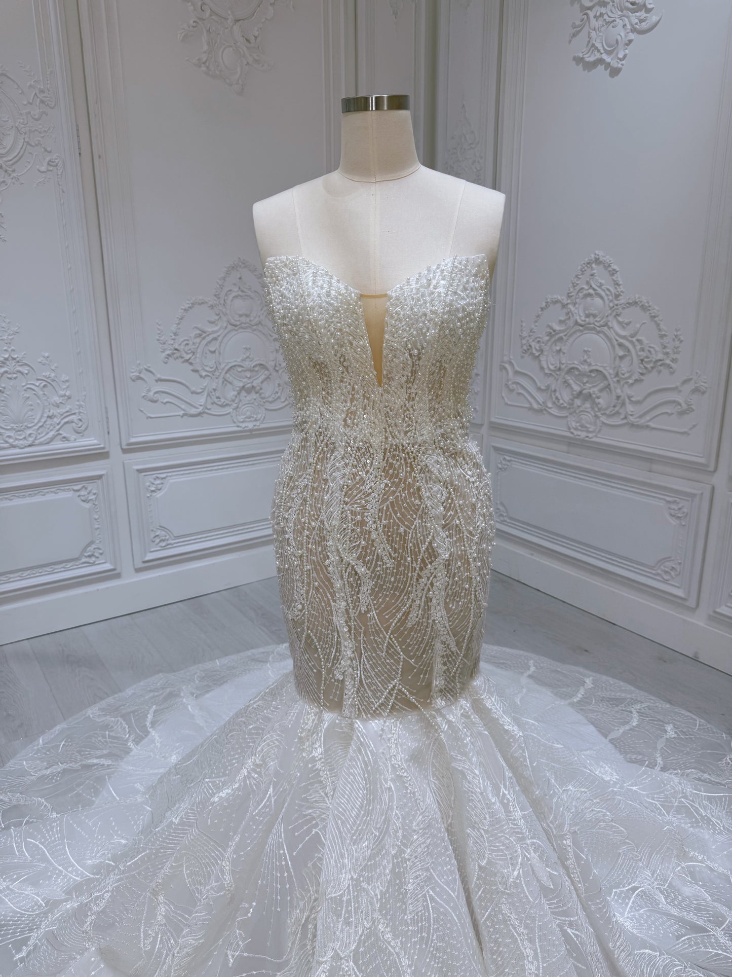 TBC-A007 Ivory pearl beading lace embroidered mermaid wedding dress