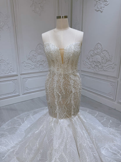 TBC-A007 Ivory pearl beading lace embroidered mermaid wedding dress