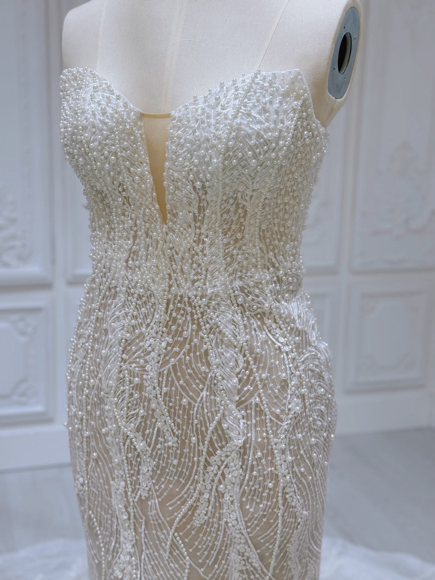 TBC-A007 Ivory pearl beading lace embroidered mermaid wedding dress