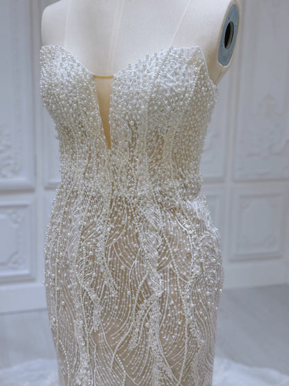 TBC-A007 Ivory pearl beading lace embroidered mermaid wedding dress
