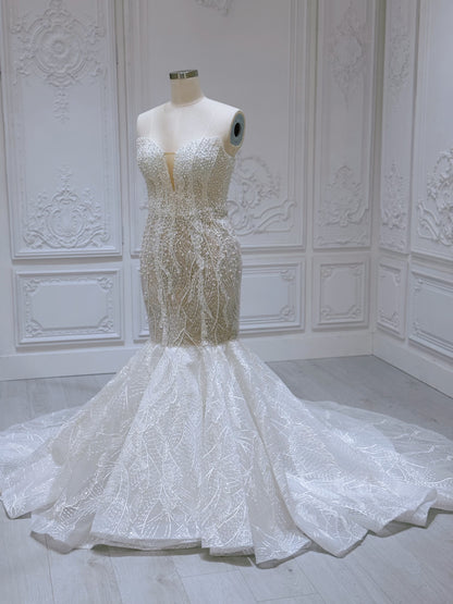 TBC-A007 Ivory pearl beading lace embroidered mermaid wedding dress