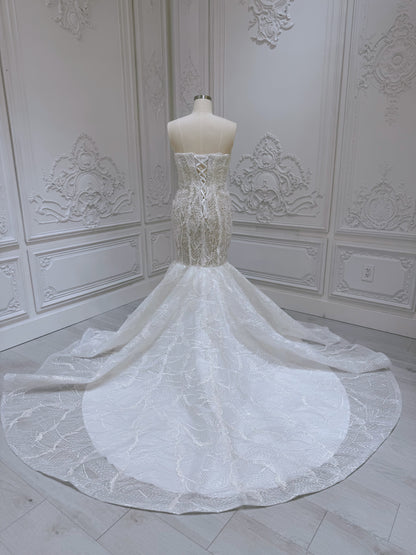 TBC-A007 Ivory pearl beading lace embroidered mermaid wedding dress