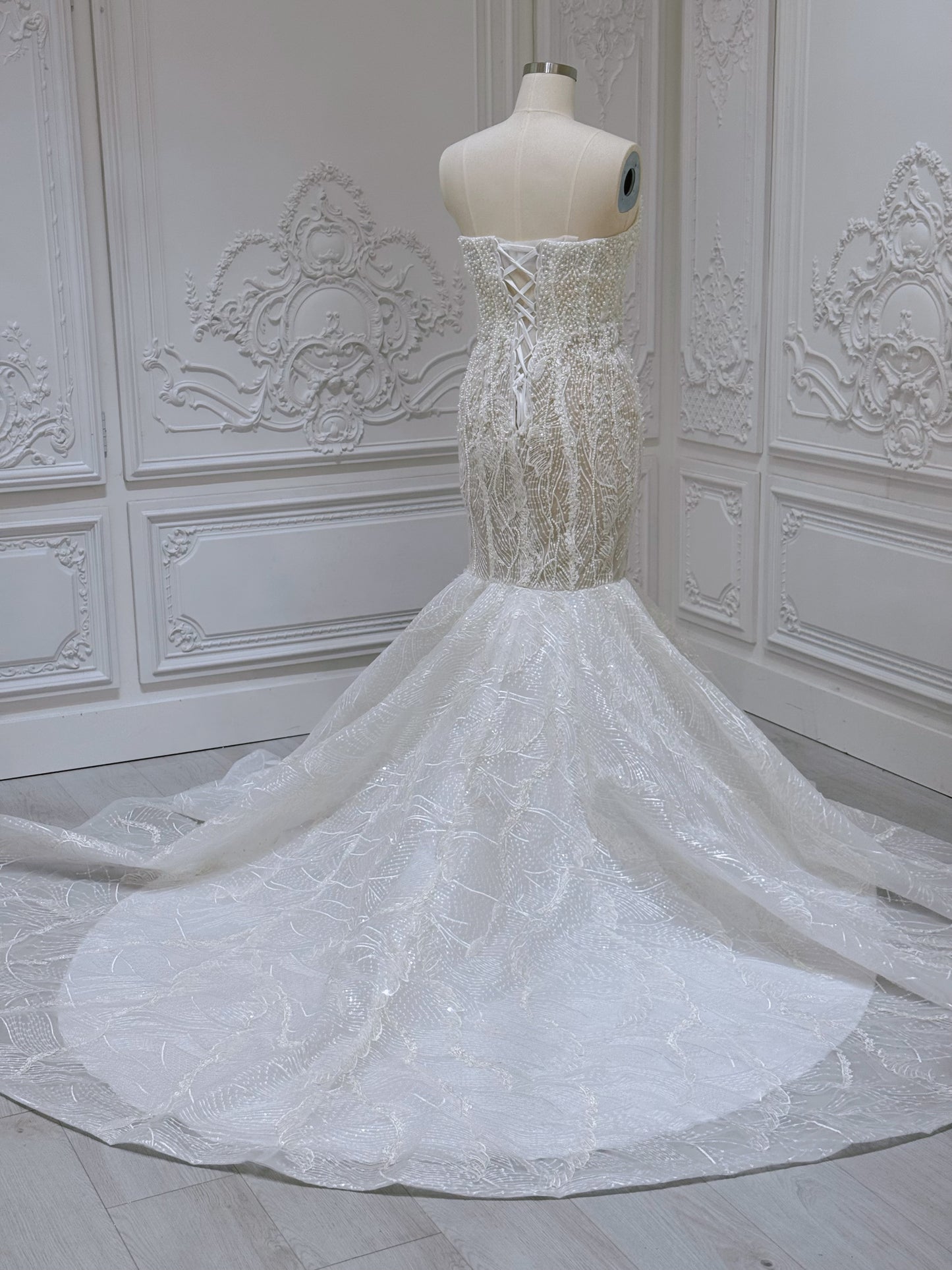 TBC-A007 Ivory pearl beading lace embroidered mermaid wedding dress