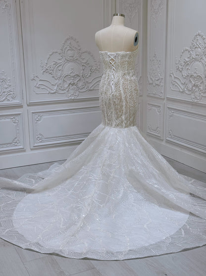 TBC-A007 Ivory pearl beading lace embroidered mermaid wedding dress