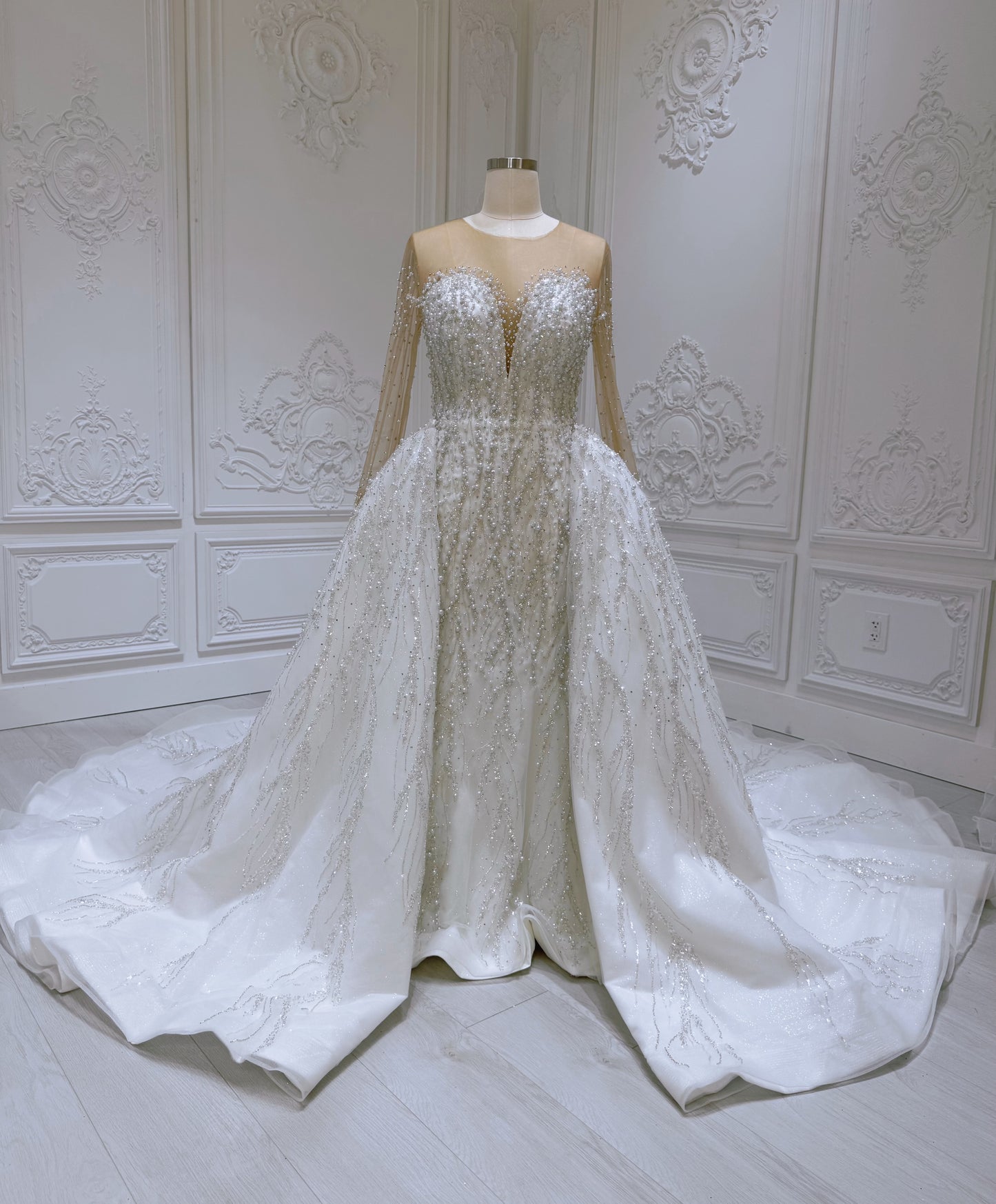 TBC-2IN1-007 Pearl with beading lace long sleeve 2 in 1 style mermaid wedding dress with detachable skirt