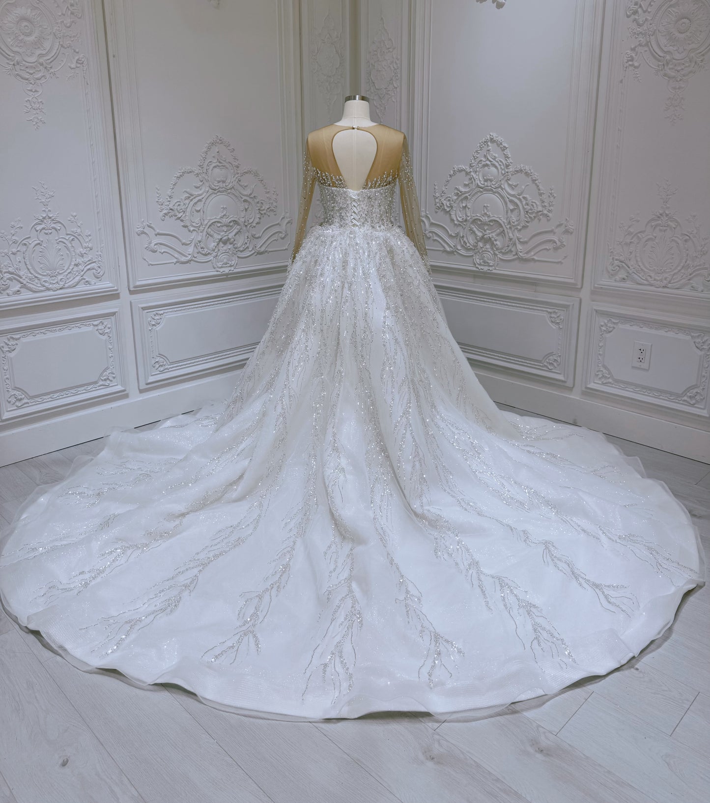 TBC-2IN1-007 Pearl with beading lace long sleeve 2 in 1 style mermaid wedding dress with detachable skirt