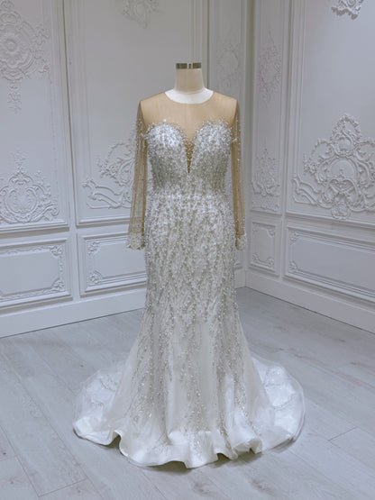 TBC-2IN1-007 Pearl with beading lace long sleeve 2 in 1 style mermaid wedding dress with detachable skirt