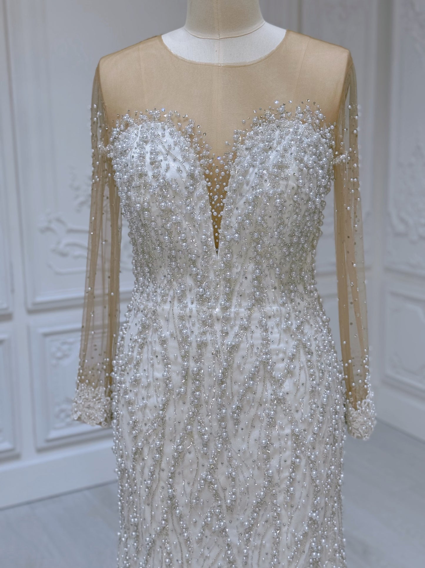 Stock Sale! Luxury pearl beaded sparkling long sleeve mermaid wedding dress