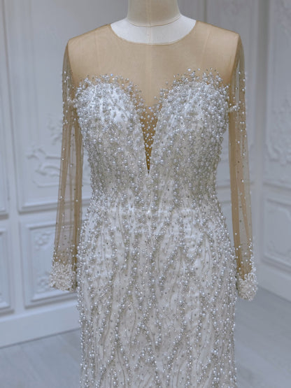 TBC-2IN1-007 Pearl with beading lace long sleeve 2 in 1 style mermaid wedding dress with detachable skirt