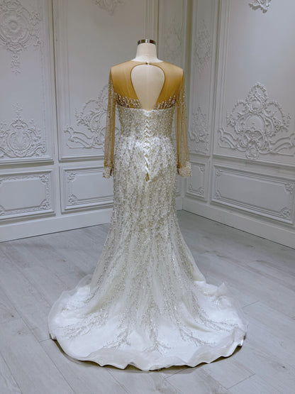 Stock Sale! Luxury pearl beaded sparkling long sleeve mermaid wedding dress