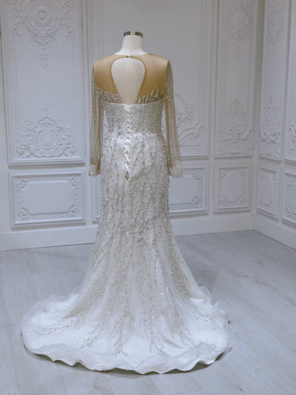 Stock Sale! Luxury pearl beaded sparkling long sleeve mermaid wedding dress