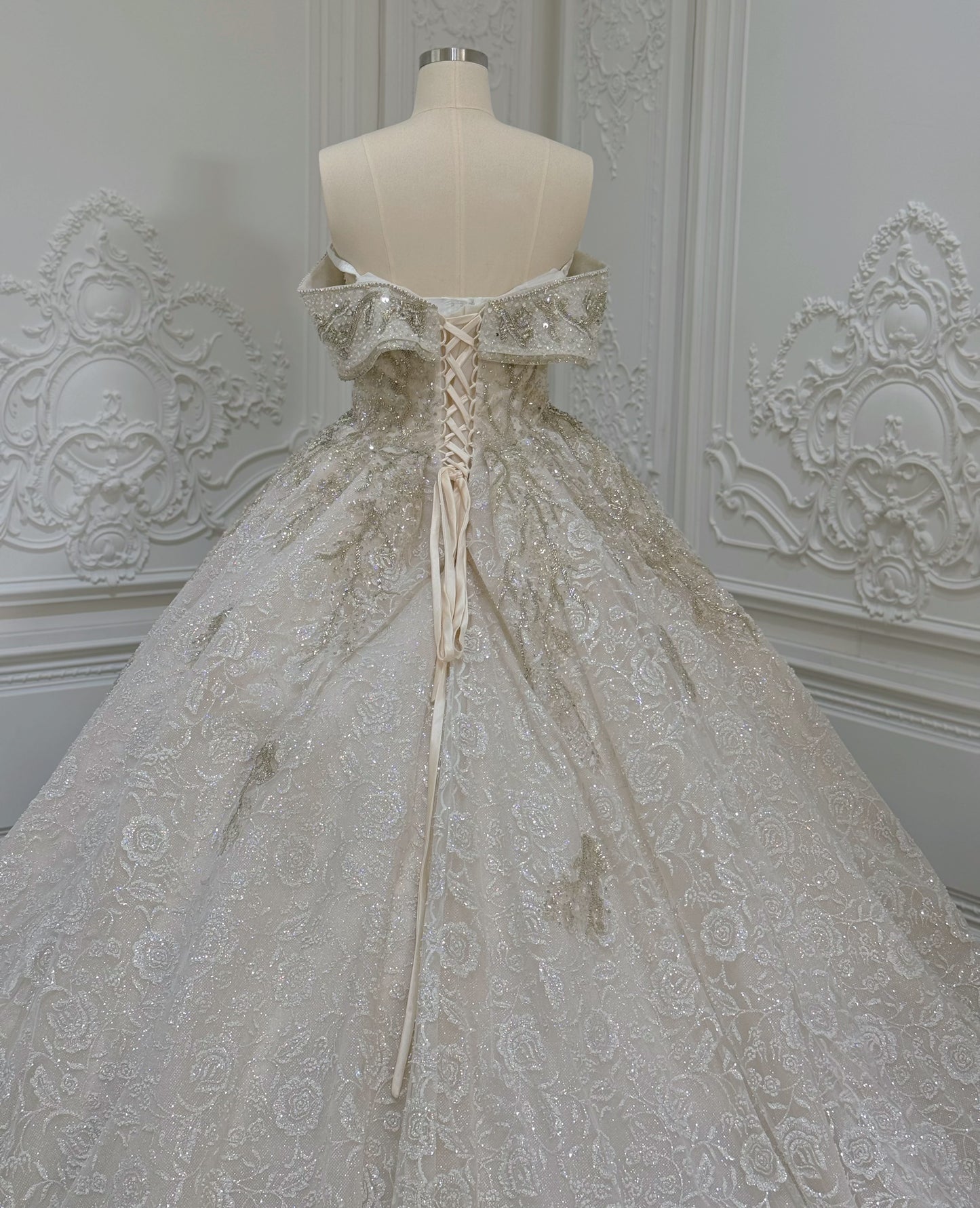 TMC-CM46 Custom-made luxury beading champagne off the shoulder princess ballgown royal wedding dress