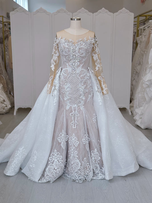 TBC-CM26 Custom-made champagne color long sleeve beading lace embroidered mermaid wedding dress with detachable skirt