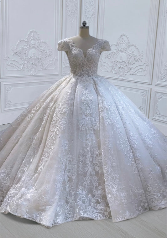 TBC-CM011 Made to order Ivory 3D lace with crystal beaded cape sleeve princess ballgown royal wedding dress