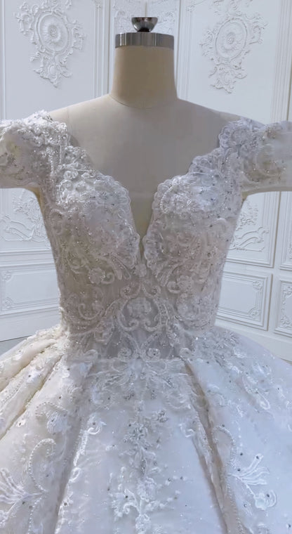 TBC-CM011 Made to order Ivory 3D lace with crystal beaded cape sleeve princess ballgown royal wedding dress