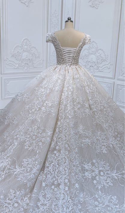 TBC-CM011 Made to order Ivory 3D lace with crystal beaded cape sleeve princess ballgown royal wedding dress