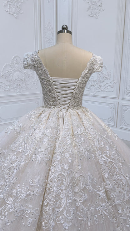 TBC-CM011 Made to order Ivory 3D lace with crystal beaded cape sleeve princess ballgown royal wedding dress