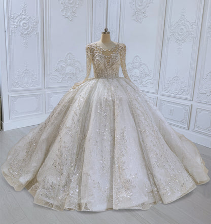 TBC-CM012 Made to order luxury beading lace embroidered sparkling long sleeve princess ballgown royal wedding dress