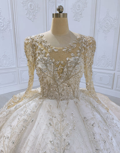 TBC-CM012 Made to order luxury beading lace embroidered sparkling long sleeve princess ballgown royal wedding dress