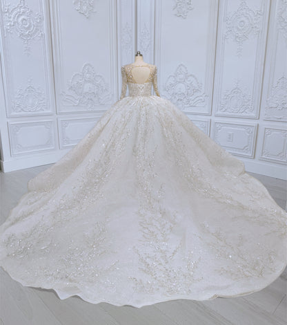 TBC-CM012 Made to order luxury beading lace embroidered sparkling long sleeve princess ballgown royal wedding dress