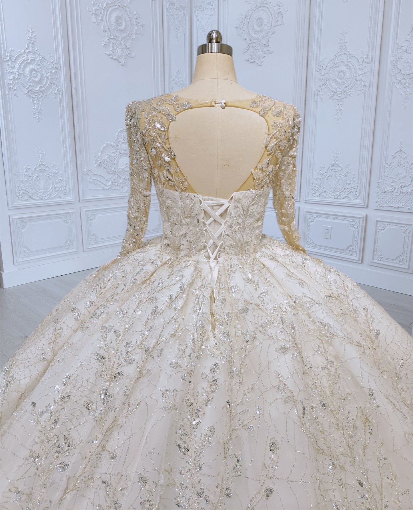 TBC-CM012 Made to order luxury beading lace embroidered sparkling long sleeve princess ballgown royal wedding dress