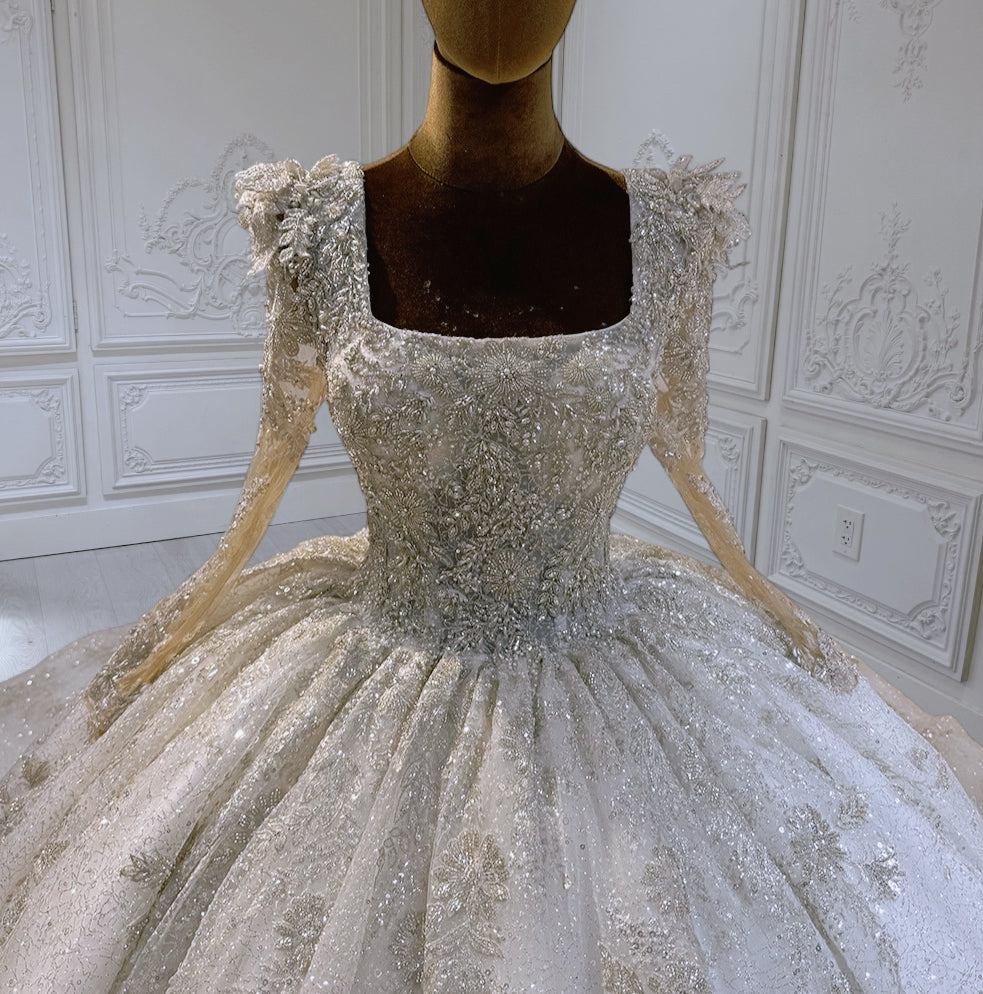 Custom-made luxury pearl beading lace sparkling one shoulder 2in1 mermaid wedding dress with detachable skirt