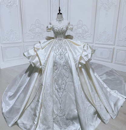 Custom-made Ivory satin luxury beading off the shoulder princess ballgown royal wedding dress