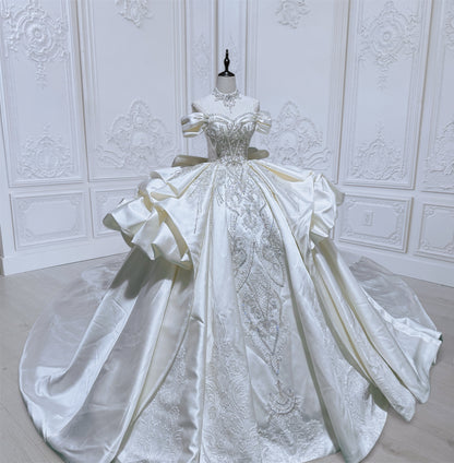 Custom-made Ivory satin luxury beading off the shoulder princess ballgown royal wedding dress
