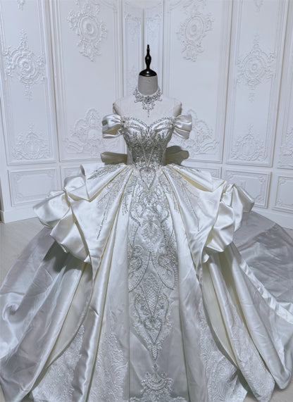 Custom-made Ivory satin luxury beading off the shoulder princess ballgown royal wedding dress