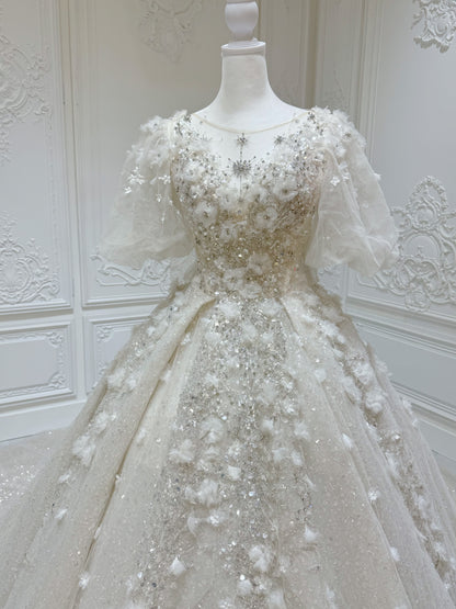 Stock Clearance! Floor sample Bridal Size 2! Custom-made sparkling beading with 3D floral puffy short sleeve ivory Aline fairy wedding dress