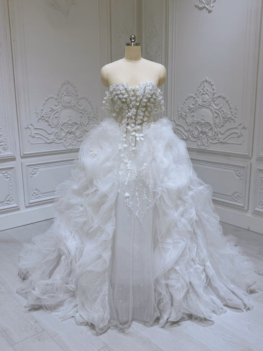 Stock Sale! White beading with ruffled skirt ballgown fairy wedding dress