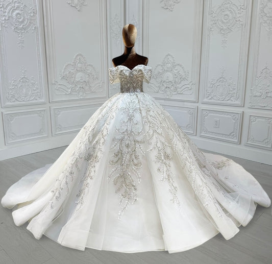 TBC-CM013 Made to order beading 3D lace embroidered off the shoulder princess ballgown fairy wedding dress