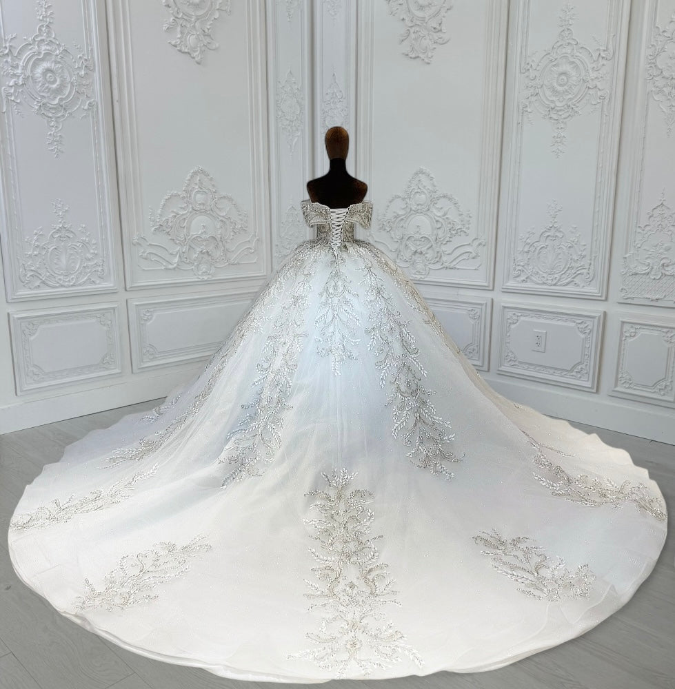 TBC-CM013 Made to order beading 3D lace embroidered off the shoulder princess ballgown fairy wedding dress