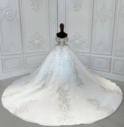 TBC-CM013 Made to order beading 3D lace embroidered off the shoulder princess ballgown fairy wedding dress