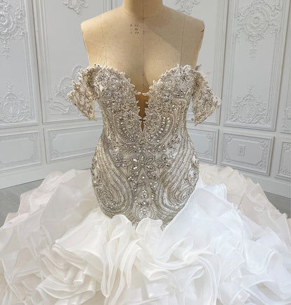 TBC-CM14 Custom-made luxury crystal beaded sparkling off the shoulder mermaid wedding dress with ruffles skirt