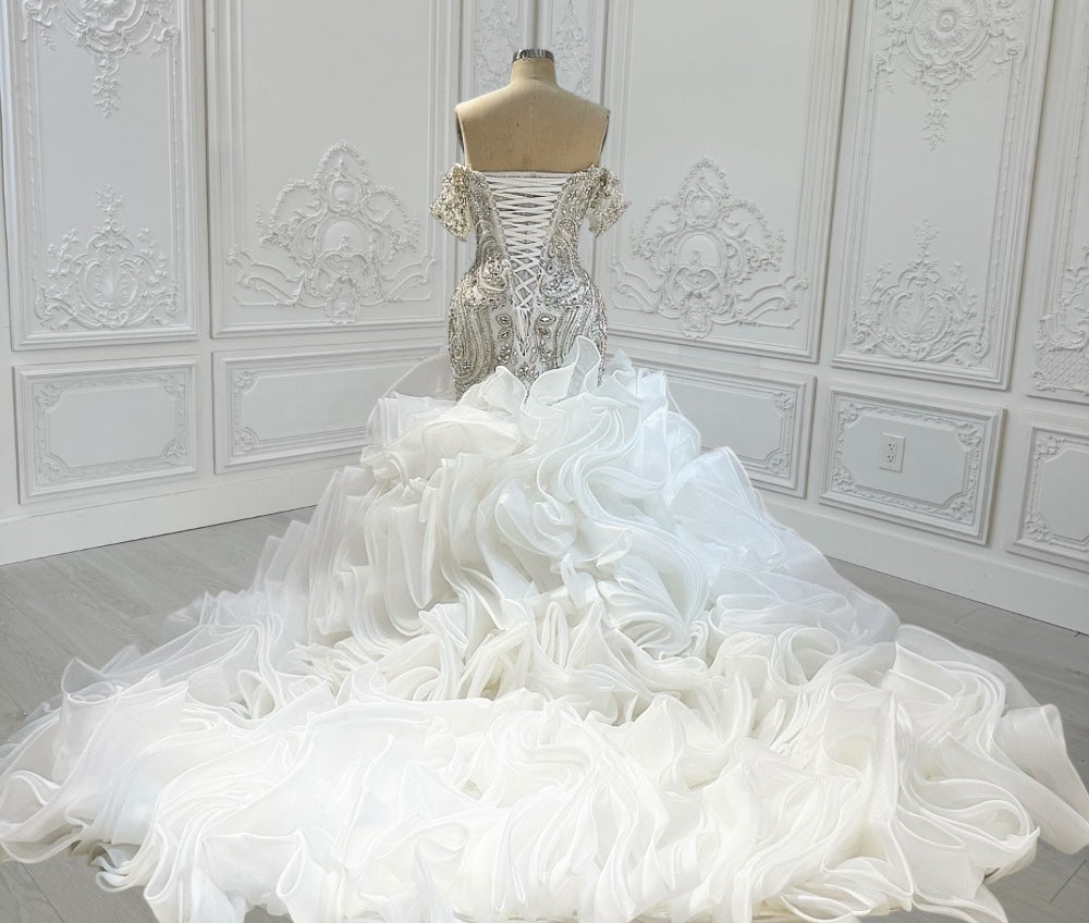 TBC-CM14 Custom-made luxury crystal beaded sparkling off the shoulder mermaid wedding dress with ruffles skirt