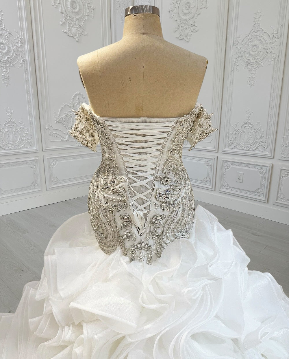 TBC-CM14 Custom-made luxury crystal beaded sparkling off the shoulder mermaid wedding dress with ruffles skirt